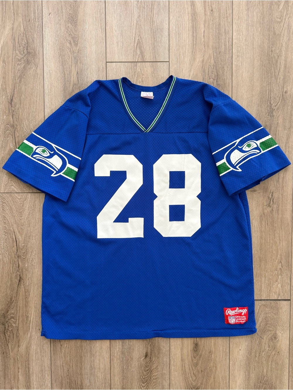 Vintage 80s Rawlings CURT WARNER 28 SEATTLE SEAHAWKS Football Jersey XL Blue Men